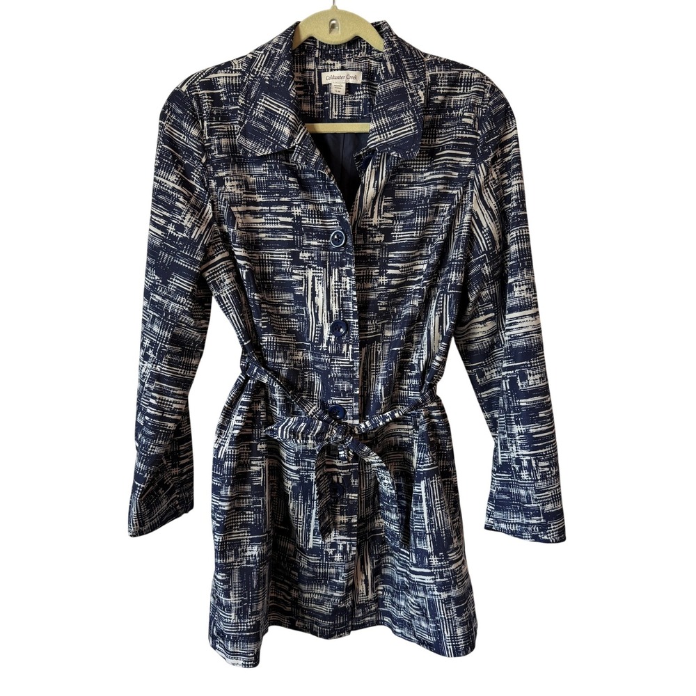 Coldwater Creek Navy White Abstract Grid Print Belted Trench Coat Jacket Size 14
